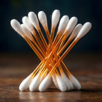 Personal hygiene and daily grooming routine, cotton swabs with amber plastic sticks arranged in a cross pattern for skincare and beauty maintenance