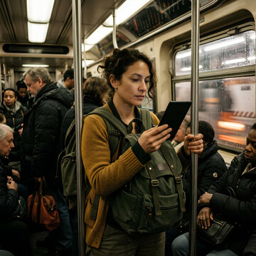 Woman reading e reader on crowded subway train commuting urban lifestyle