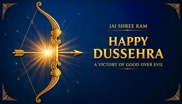 Happy Dussehra blue royal banner with realistic 3d golden bow and glowing starburst arrow. 