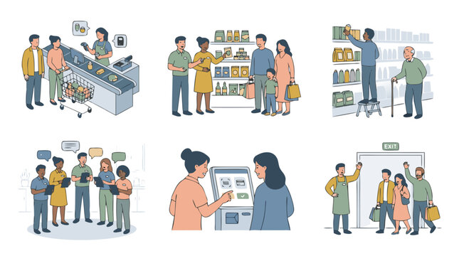 Supermarket shopping vector illustration set showing people buying groceries and interacting