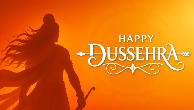 Happy Dussehra biggest sale commercial banner with white bow arrow icon on orange watercolor background. 