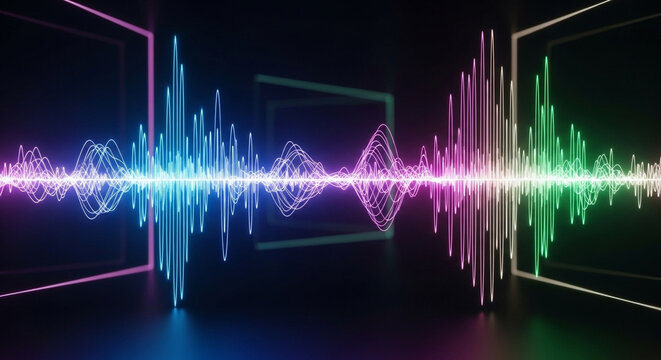 A vibrant spectrum of neon audio waves pulses with luminous energy across a dark virtual stage, creating an immersive atmosphere for electronic music producers and futuristic sound design