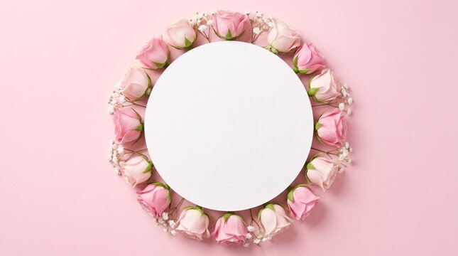Circular pink rose wreath surrounding white round paper blank label on pastel pink surface.
