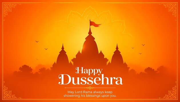 Happy Dussehra festival greeting banner with Ram Mandir temple silhouette vector background. 
