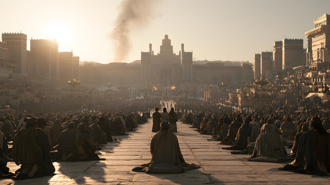Vast crowd kneeling in an ancient city plaza before a monumental temple complex at sunset