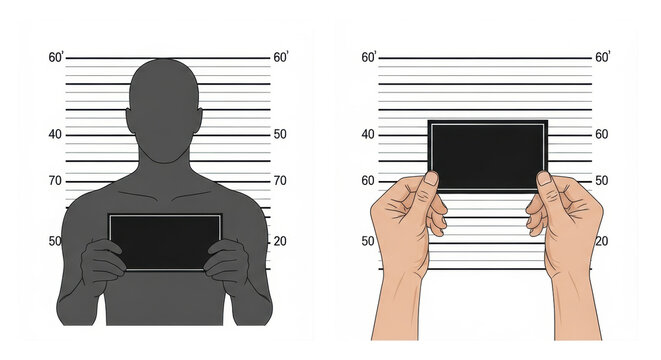 Stylized male silhouette and vector hands holding blank identification placards in a high-contrast diptych against a sterile white background with mugshot height lines. Concept of criminal