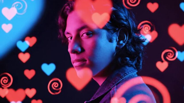 Young man profile with glowing hearts and neon lighting