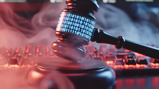 Wooden gavel with binary code over glowing keyboard