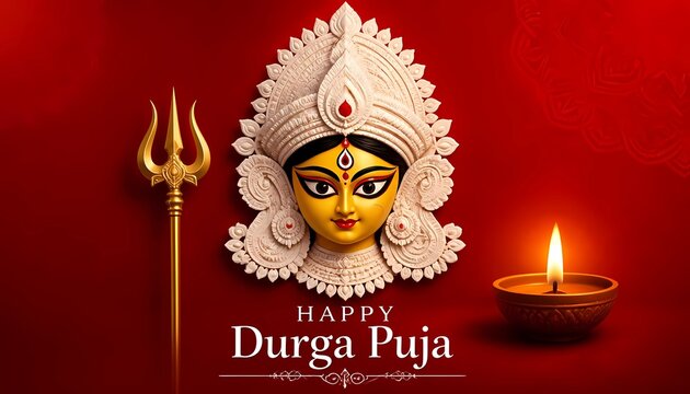 Happy Durga Puja greeting card with Goddess Durga face, golden trishul and burning diya on red background. 