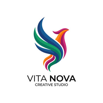 This logo features a colorful phoenix, representing rebirth and creativity, ideal for a modern creative studio. The design incorporates flowing lines and vibrant colors.