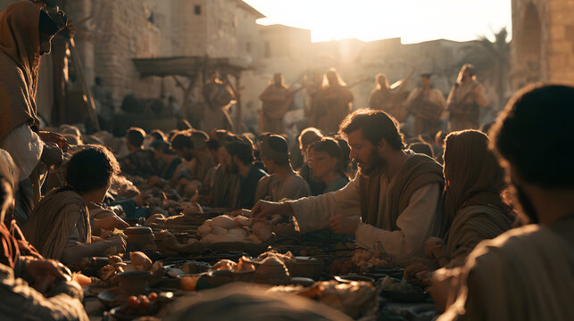 Jesus breaking bread with a crowd in a historical ancient city square