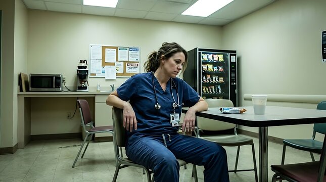 Exhausted Female Healthcare Professional Sitting in Hospital Break Room