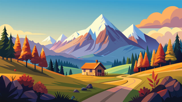 Mountain landscape with a cabin during autumn with crisp daylight and rolling hills