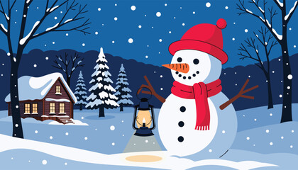 Fototapeta premium Snowman with lantern in snowy village at night with falling snow vector illustration