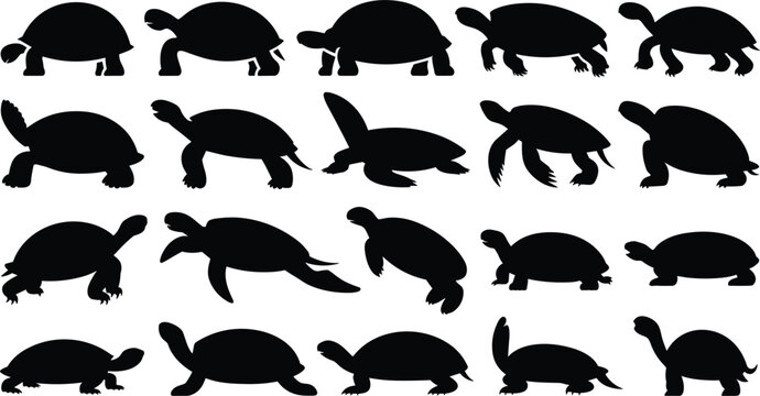 Sea turtle group swimming in ocean with coral reef and waves, black line art vector illustration for marine life design