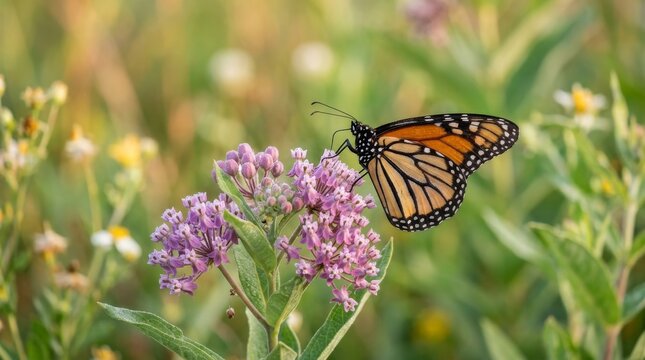 Monarch Butterfly Feeding on Milkweed Flowers