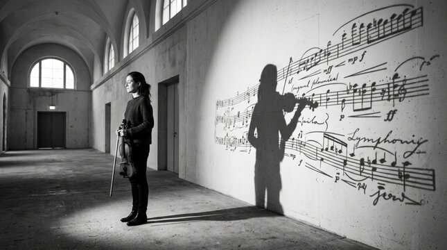 Violinist's shadow plays music on wall with handwritten notes