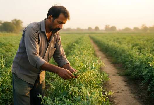 Sustainable agriculture and food security, farmer inspecting green pea crops in a rural field during sunrise for organic farming and harvest growth