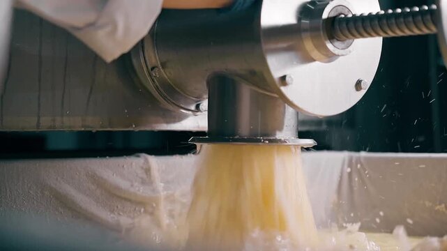 Milk Whey Is Pouring Out Of Tube At Dairy Manufacture Factory. Whey Made In Result Of Production Process. Stream Of Whey Divided From Cottage Cheese. Equipment At Industrial Plant.
