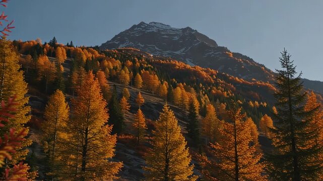 Autumn landscape featuring vibrant orange and yellow larch trees with a majestic mountain backdrop under clear blue sky, showcasing nature's seasonal beauty in a serene setting