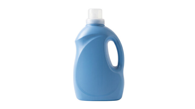 Blue plastic laundry detergent bottle standing on a white background