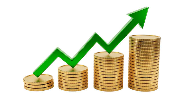Shiny golden coin stacks showing upward growth with green arrow