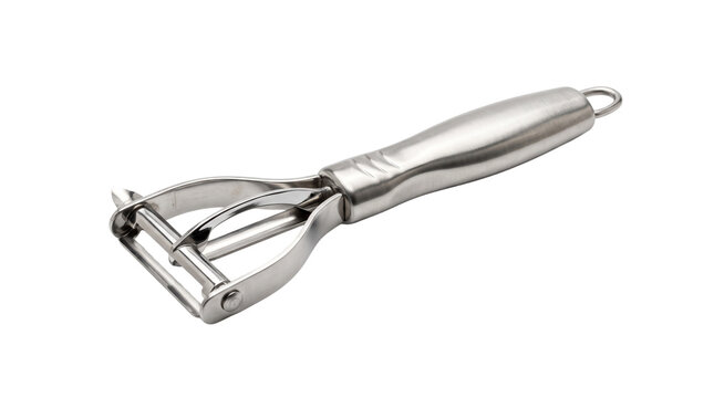 Shiny stainless steel vegetable peeler isolated on a white background