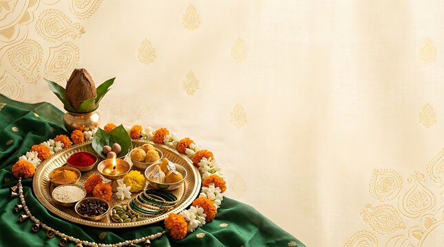 Traditional Hindu Puja Thali Setup for Hartalika Teej Festival Celebration Background