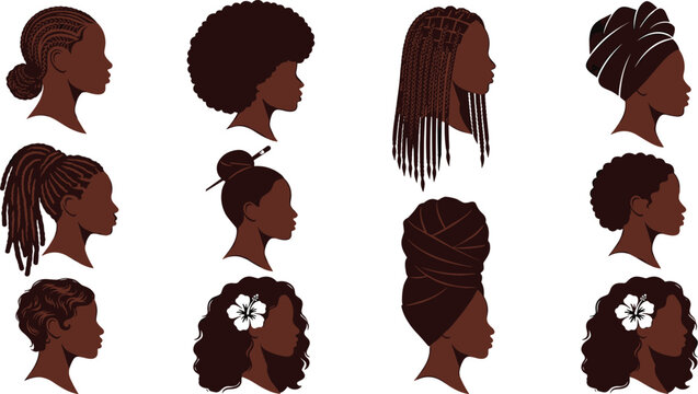 Collection of Black Women Side Profile Silhouettes Featuring Diverse Natural Hairstyles, Braids, Afro, Dreadlocks, Buns, and Elegant Feminine Hair Designs