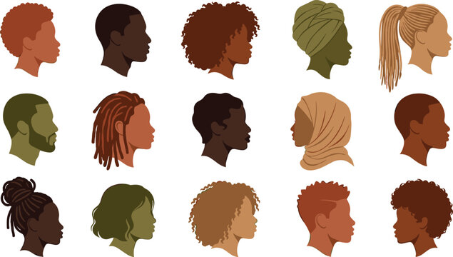 Collection of Diverse Black Women Side Profile Silhouettes Featuring Afro, Braids, Dreadlocks, Headwraps, Natural Hair, and Stylish Feminine Portraits