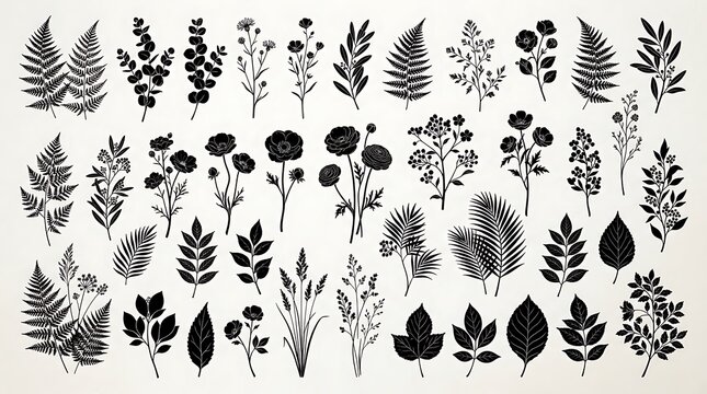 Set of black stamped leaves ferns and flowers silhouettes with black prints