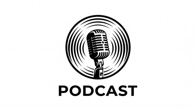 A black-and-white podcast logo featuring a vintage microphone inside a circular frame with sound waves, with the text "PODCAST" in bold below.