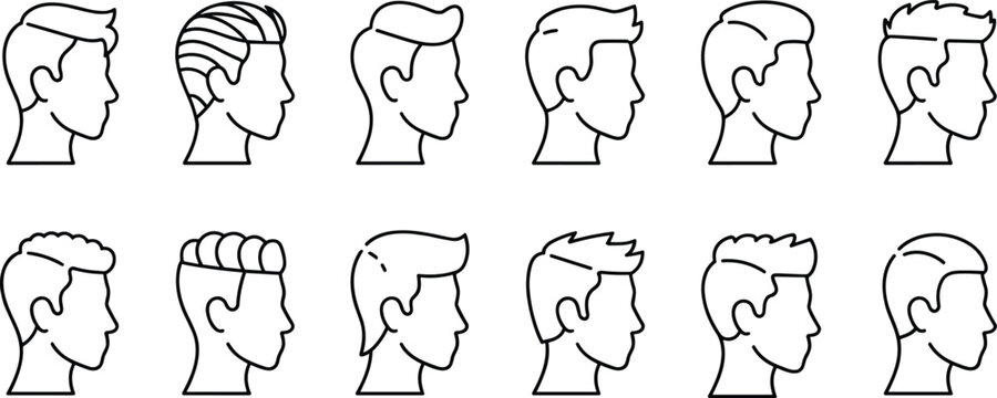 A collection of twelve black and white line profile silhouettes of male heads featuring various trendy hairstyles, including fades, pompadours, and textured cuts