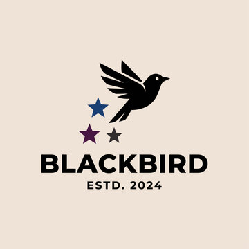 A sleek logo design featuring a blackbird in flight with stars, representing freedom and creativity, tailored for contemporary branding needs.