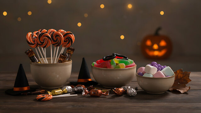 Halloween candy buffet display with swirled lollipops gummy worms marshmallows and miniature witch hats on wooden table, created with generative ai.
