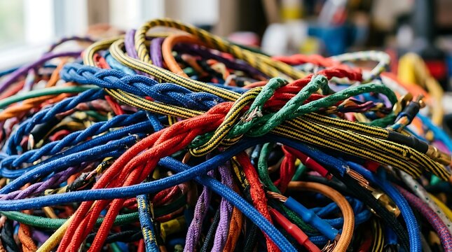 Tangled pile of colorful electrical cords and messy power cables for industrial background.