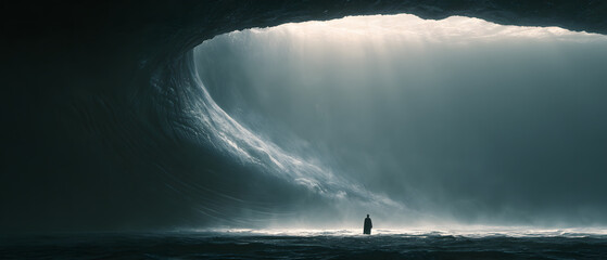 Obraz premium A lone figure standing before a massive, towering wave inside a cavernous, ethereal landscape