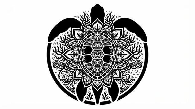 Black and white sea turtle with decorative mandala shell pattern