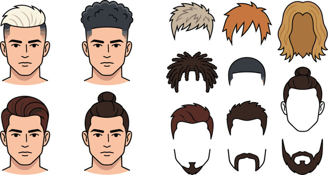Collection of Male Cartoon Avatar Elements with Diverse Hairstyles, Beard Styles, Facial Hair, and Customizable Character Creator Vector Components