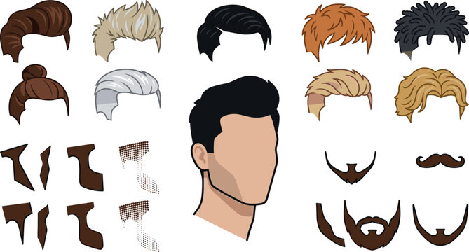 Collection of Male Hairstyle, Beard, Mustache and Facial Hair Elements for Customizable Cartoon Avatar and Character Creator Vector Set