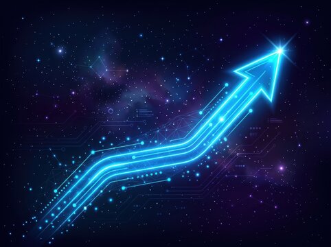 Glowing blue neon arrow moving up as a symbol of growth and business success