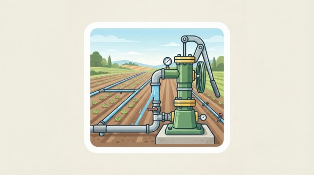 Manual water pump with irrigation pipes on a farm field