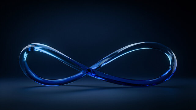 A clear, blue, glass-like infinity symbol, rendered in 3D with smooth, rounded edges and subtle internal reflections, resting on a dark, deep blue, gradient studio background