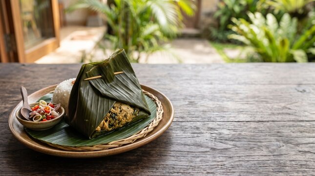 Traditional Balinese Tum Ayam Chicken in Banana Leaf on Plate, Rustic Wooden Table Restaurant Setting