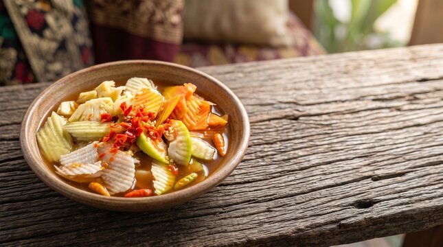 Balinese Rujak Kuah Pindang Fruit Salad in Ceramic Bowl on Rustic Wooden Table