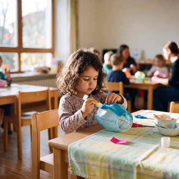 M&auml;dchen bastelt Laterne mit Klebestift im Kindergarten