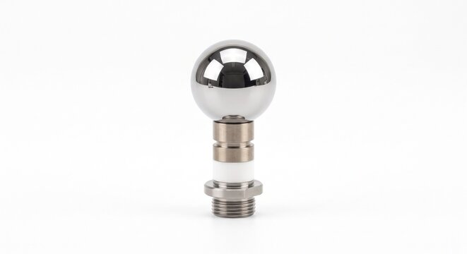 Solid tungsten carbide CMM calibration sphere on a titanium ceramic stem. Precision measurement standard hardware for industrial metrology and machine tool calibration. Isolated on white.