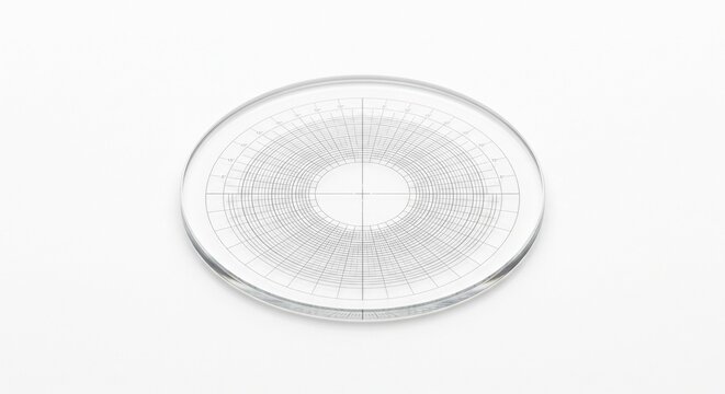 Optical comparator glass reticle with a laser-etched microscopic crosshair grid. Transparent optical glass disk for industrial precision inspection and calibration. Isolated on white background.