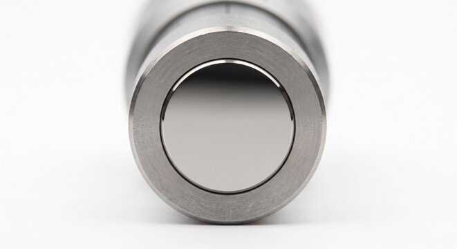 Micrometer anvil measuring face featuring a mirror-polished tungsten carbide contact surface on a solid steel block. Precision quality control hardware for manufacturing. Isolated on white.