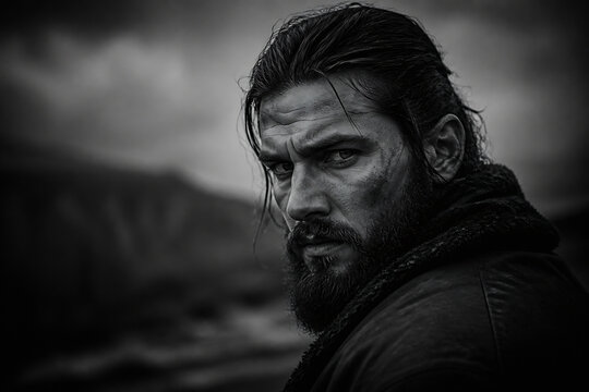 A rugged, bearded man with long hair stares intensely in a dark, moody outdoor setting.